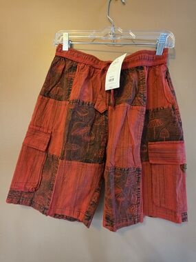 Rhea Costa Red Patchwork Cargo Shorts with Mushroom Motif